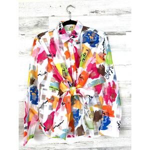 Wowo Womens M White Multicolor Sheer Tie Front Abstract Artistic Blouse Top NWT